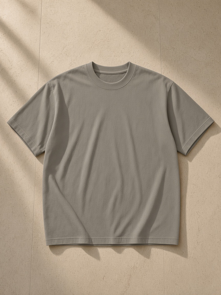 Women's Heavyweight Earth Tone T-Shirt in Gray Camel, laid flat on pale limestone
