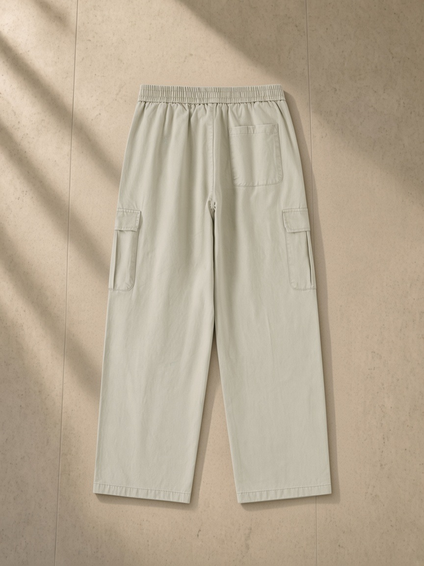 Drawstring Waist Straight-Leg Cargo Pants in Light Gray, laid flat on pale limestone, back.