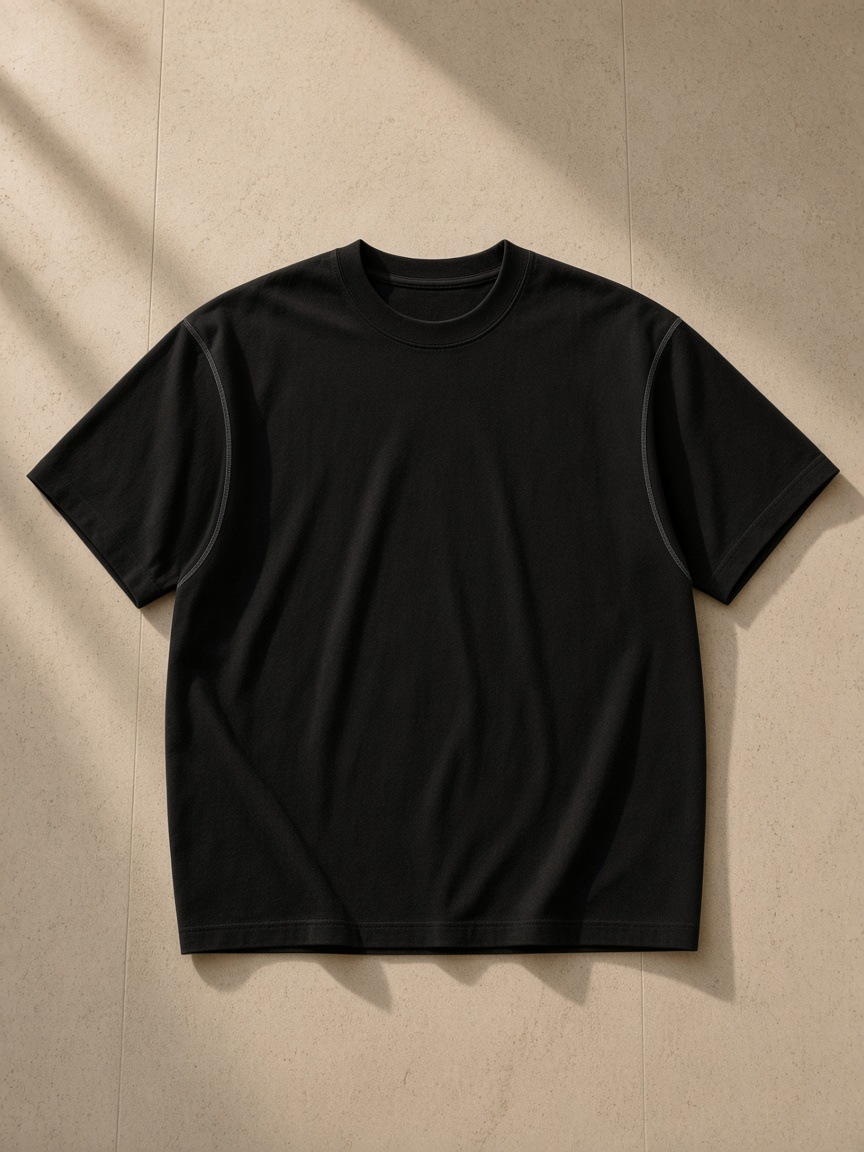 Oversized Contrast-Stitched Cotton Tee in Black, laid flat on pale limestone