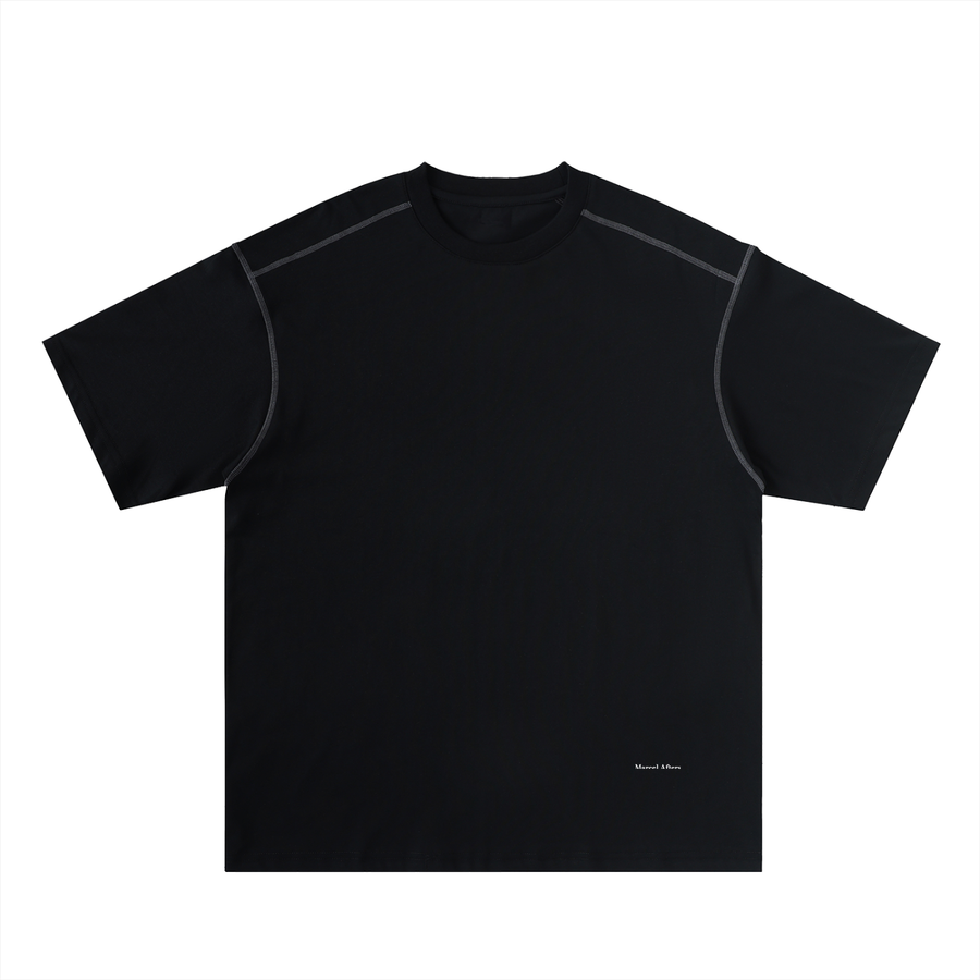 Oversized Contrast-Stitched Cotton Tee in Black, front view