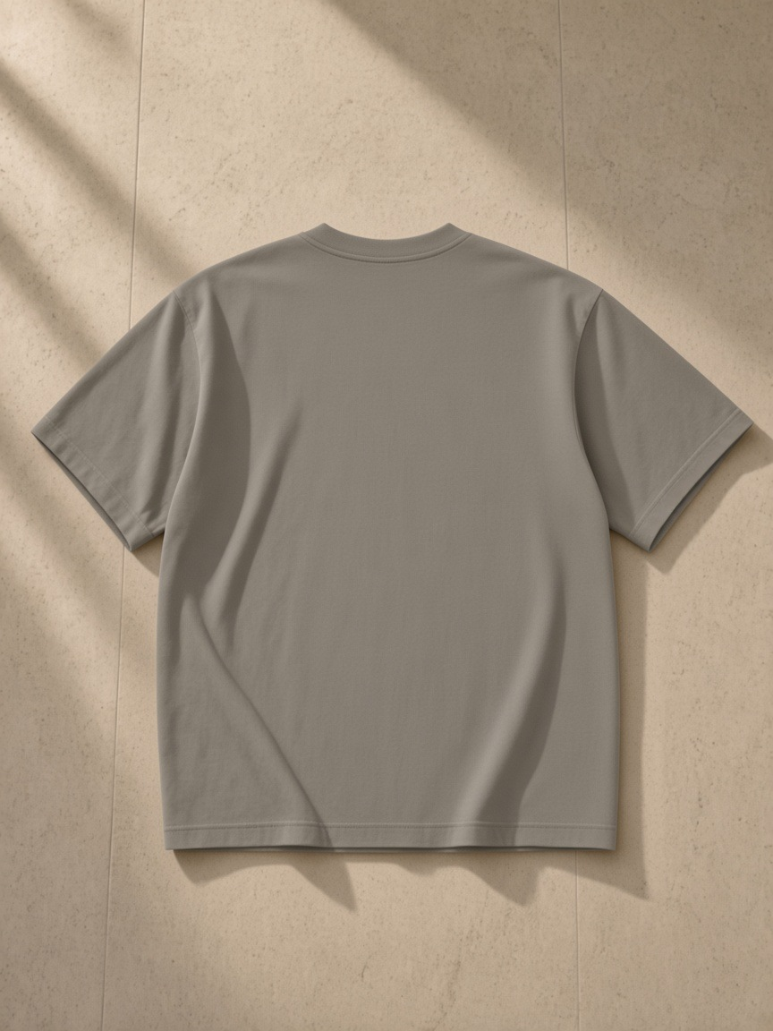 Women's Heavyweight Earth Tone T-Shirt in Gray Camel, laid flat on pale limestone, back.