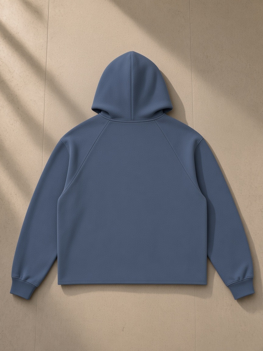 Vintage wash raw edge boxy hoodie in Blue, laid flat on pale limestone, back view