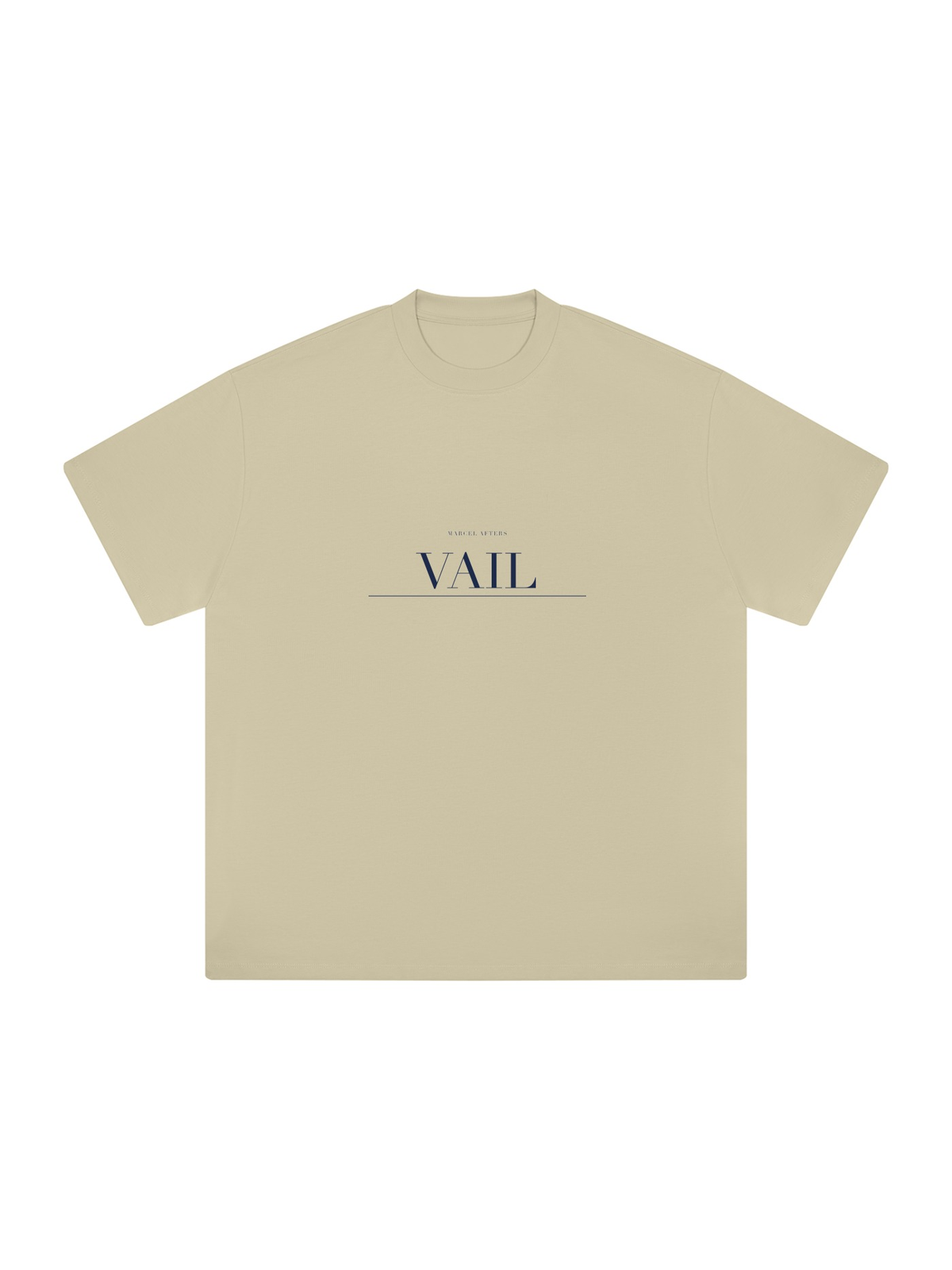 Vail Heavyweight Drop Shoulder T-Shirt by Marcel Afters in Pale Khaki, front view with the printed artwork, on white