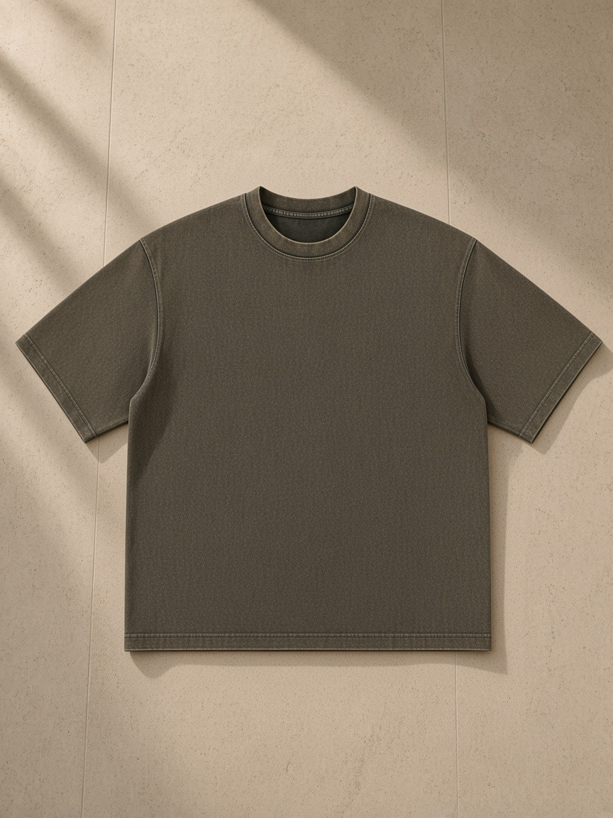 Women's Heavyweight Mineral Wash Boxy T-Shirt in Brown, laid flat on pale limestone