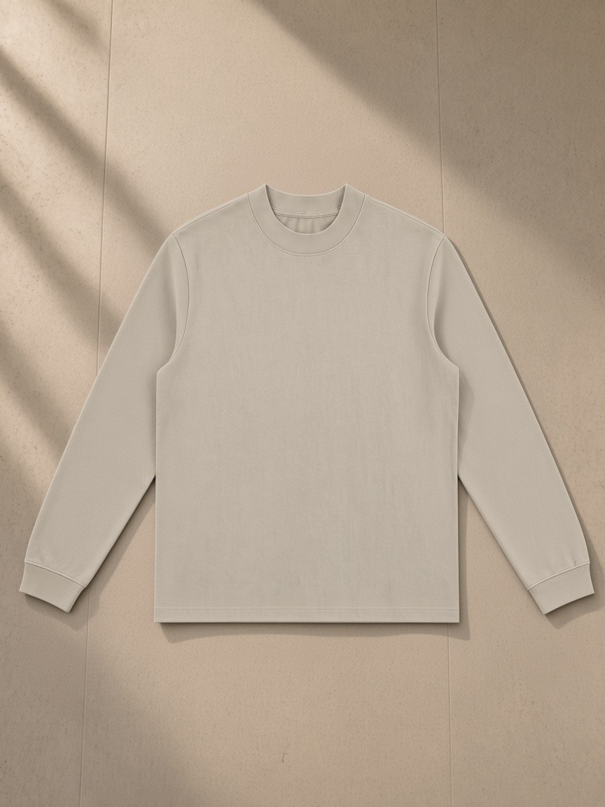 Mock Neck Sweatshirt in Light Apricot, laid flat on pale limestone