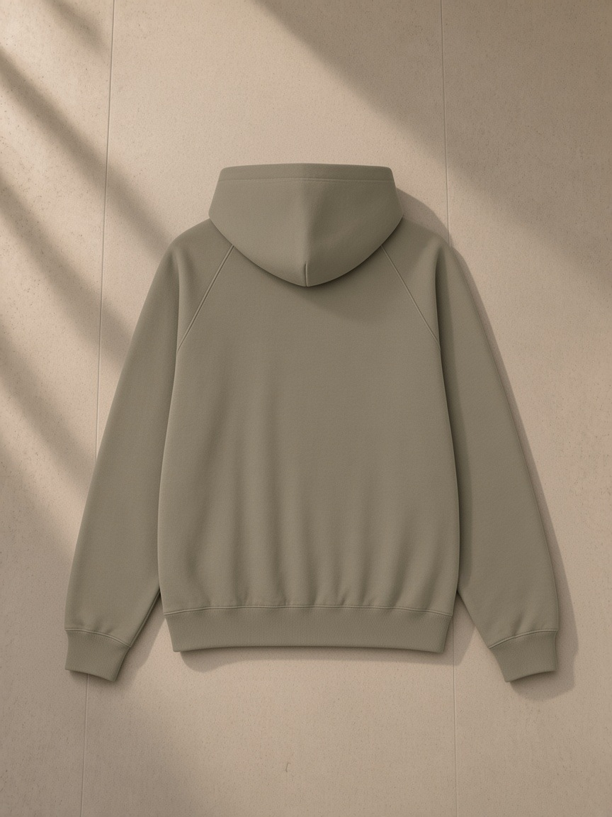 Essential Raglan Sleeve Fleece Hoodie in Carbon Gray, laid flat on pale limestone, back view