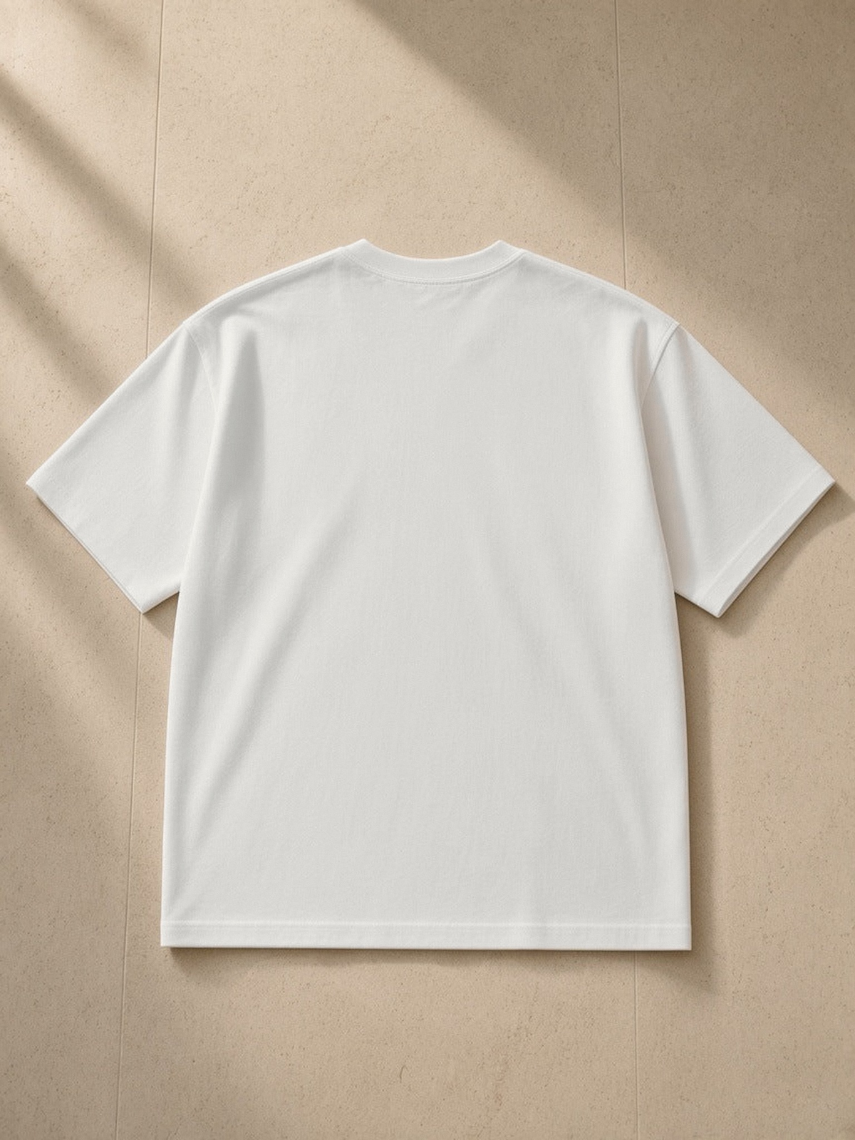 Women's Heavyweight Drop Shoulder T-Shirt in Oat Gray, laid flat on pale limestone, back.