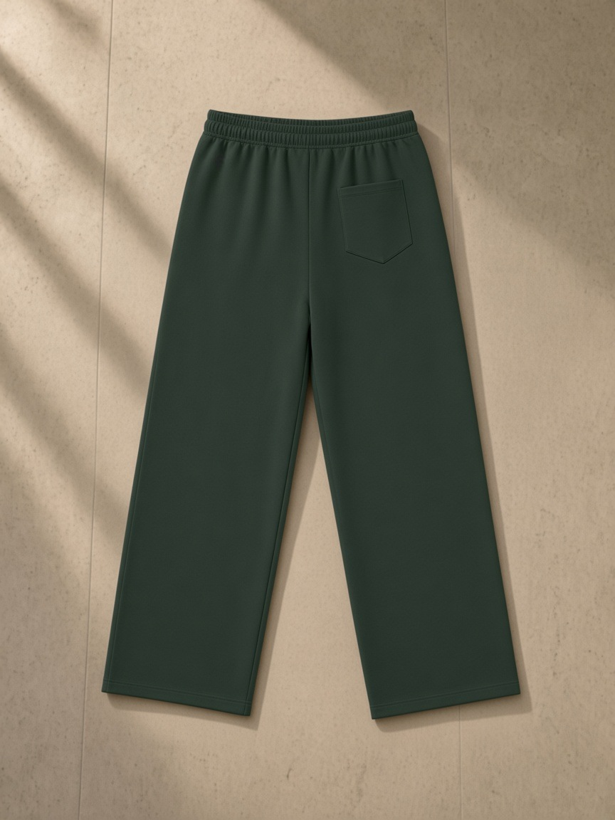 Straight Leg Sweatpants in Blackish Green, laid flat on pale limestone, back.