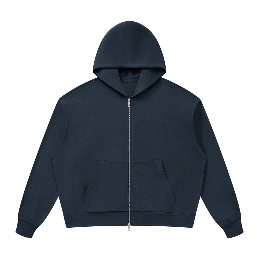 Men's drop shoulder full-zip hoodie in Navy Blue, front view: two-way silver zip, kangaroo pocket, relaxed drop shoulder. Marcel Afters luxury essentials.