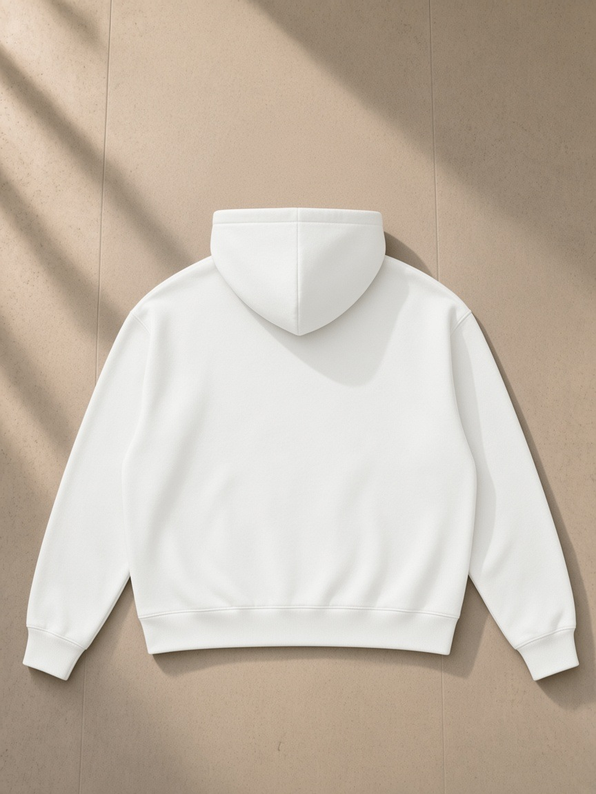 Drop Shoulder Hoodie in White, laid flat on pale limestone, back view
