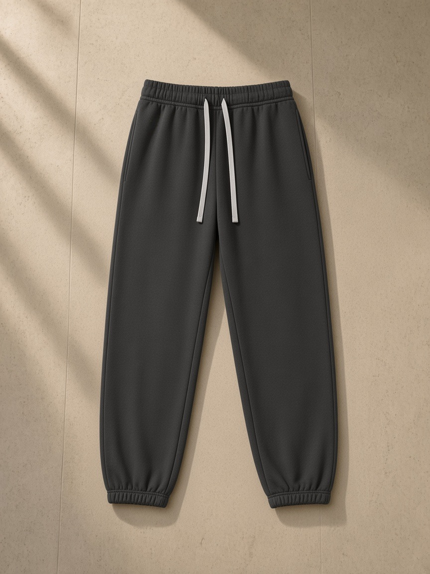 Essential fleece sweatpants in Black, laid flat on pale limestone