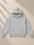 Essential Heavyweight Fleece Hoodie in Flower Gray, laid flat on pale limestone, front.