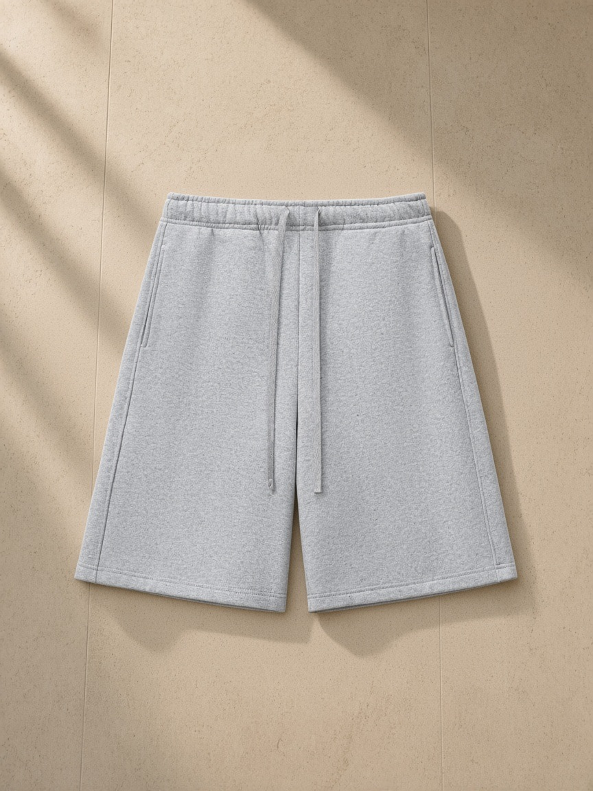 Essential heavyweight fleece shorts in Flower Gray, laid flat on pale limestone
