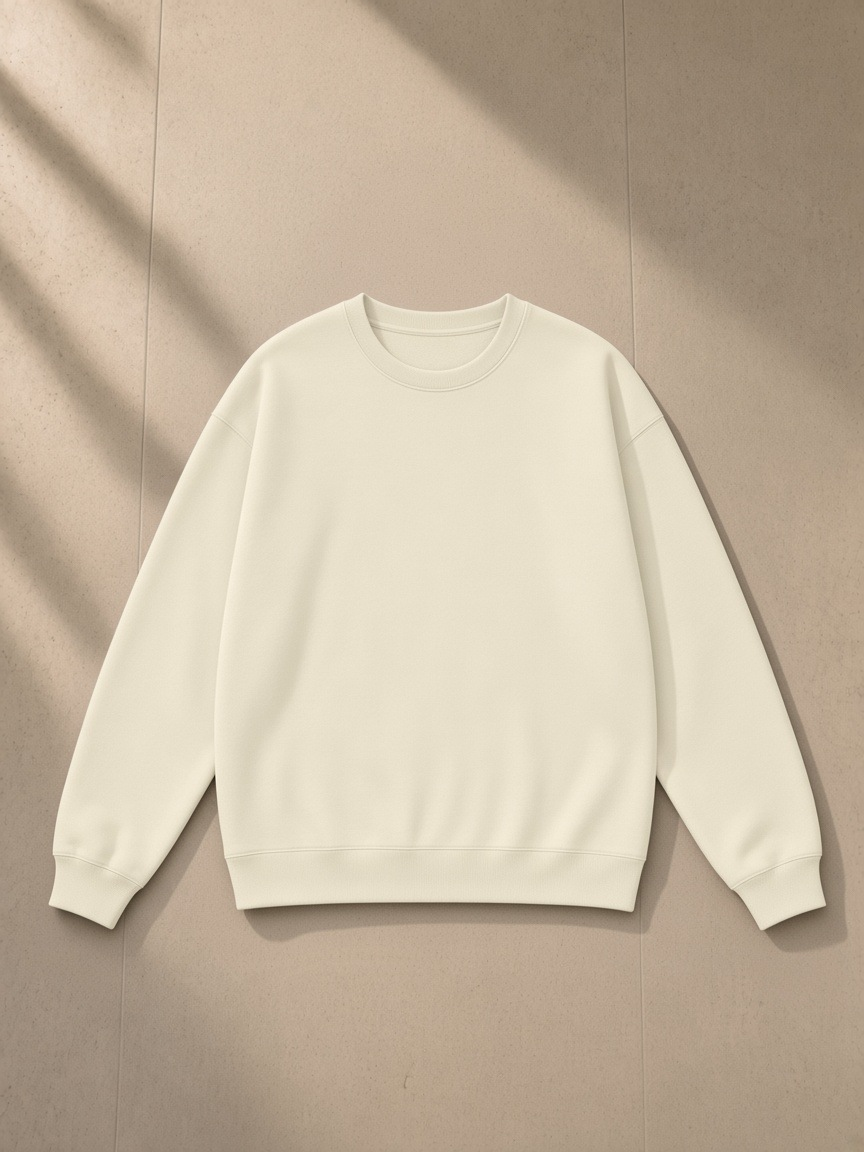 Unisex heavyweight drop shoulder sweatshirt in Bone, laid flat on pale limestone