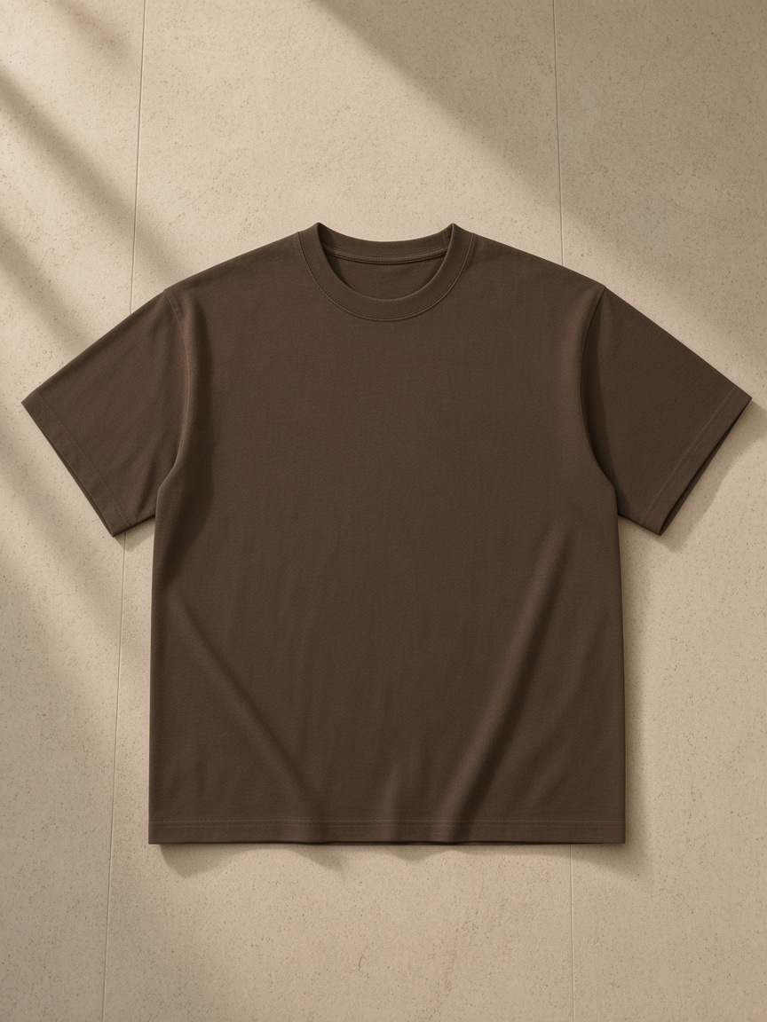 Unisex heavyweight drop shoulder cotton t-shirt in Coffee tossed over a bouclé armchair in a Lake Como villa at night