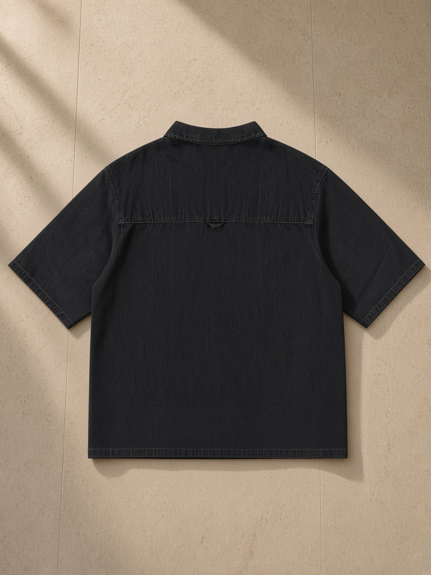 Vintage Wash Lyocell Shirt in Black, laid flat on pale limestone, back view