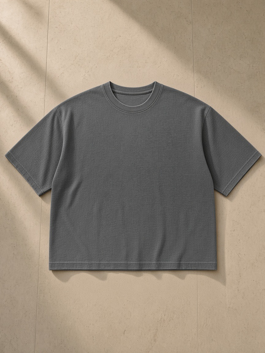 Unisex vintage wash sunfade boxy waffle t-shirt in Dark Gray, front view on white. Marcel Afters