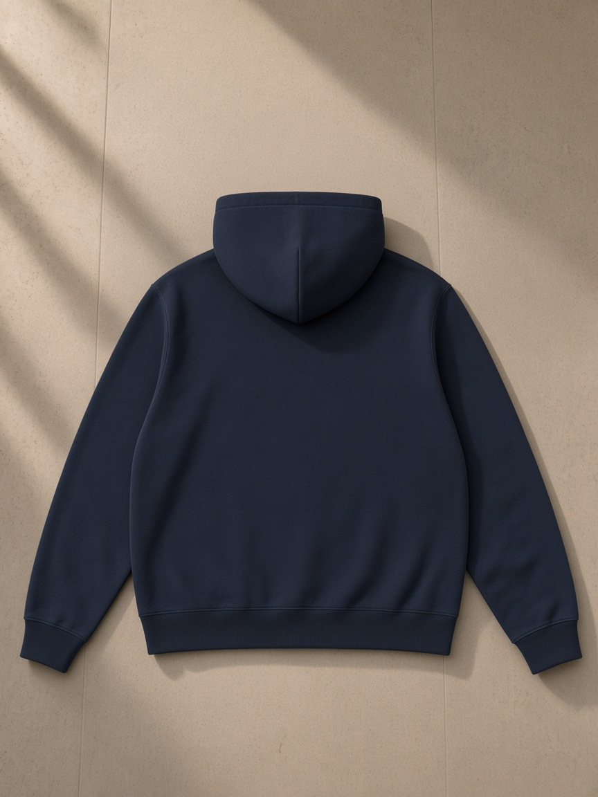 Essential oversized hoodie in Dark Blue, laid flat on pale limestone, back view