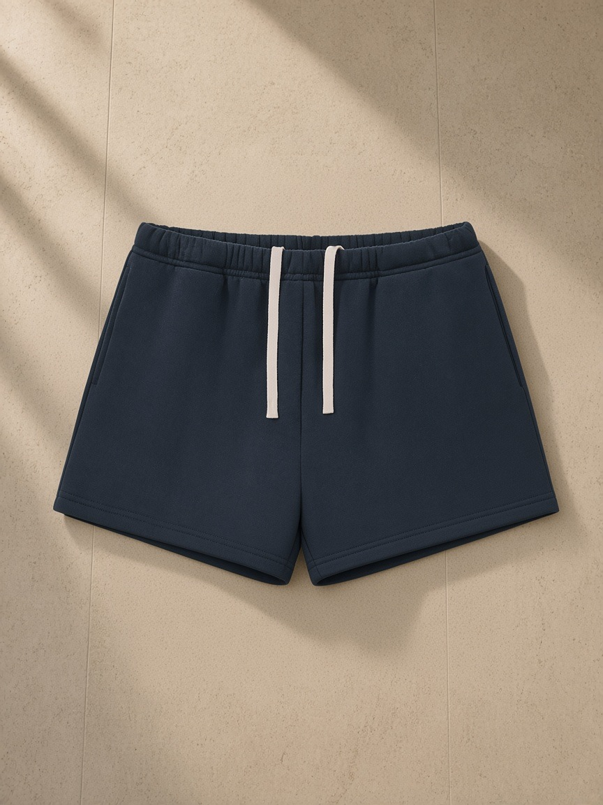 Unisex fleece drawstring sweatshorts in Navy Blue, laid flat on pale limestone