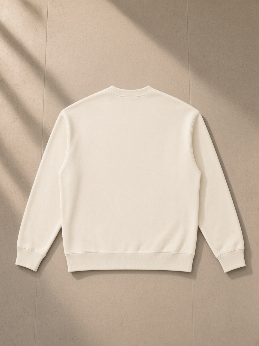 Heavyweight patch pocket crewneck sweatshirt in Apricot, laid flat on pale limestone, back view