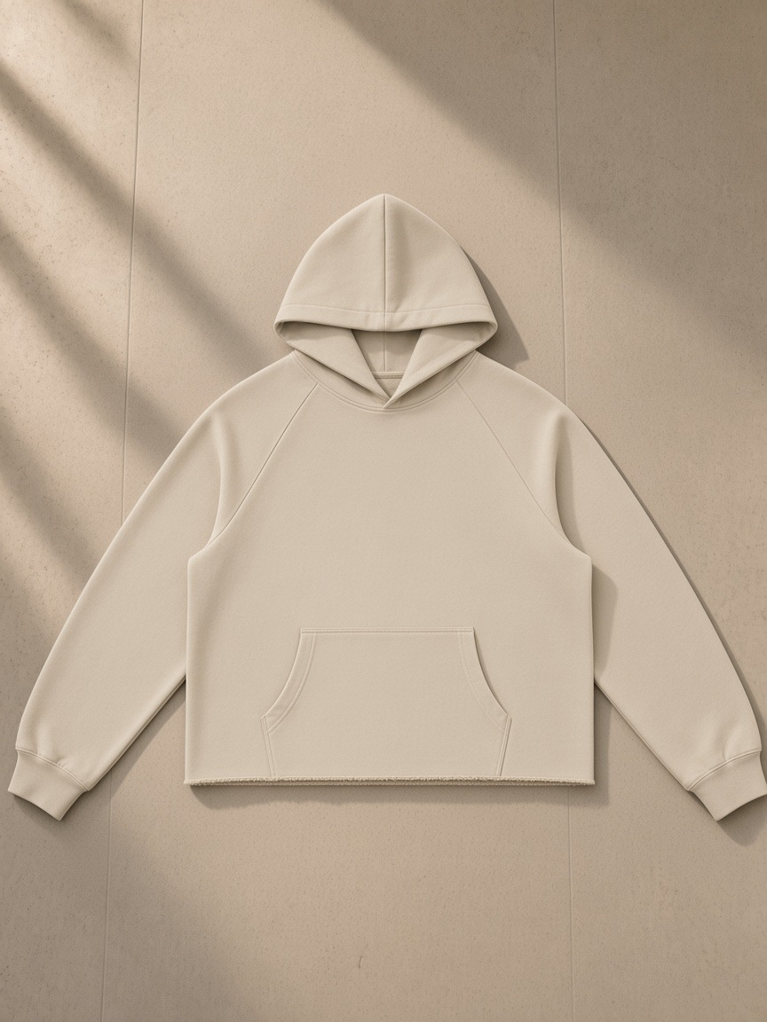 Vintage wash raw edge boxy hoodie in Khaki, laid flat on pale limestone