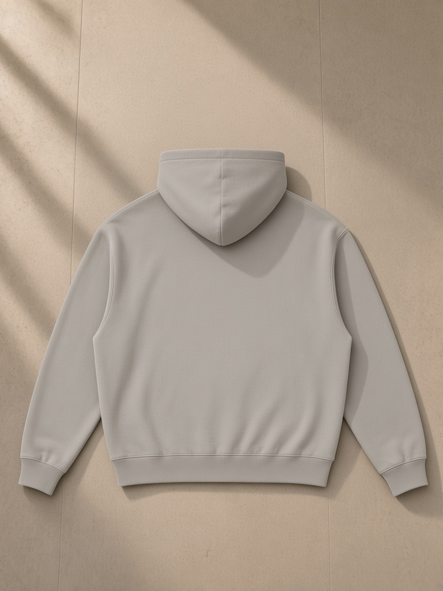 Unisex loose full zip hoodie in Light Gray, laid flat on pale limestone, back view