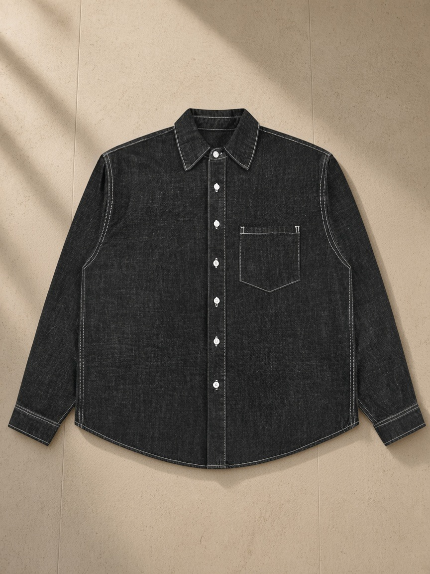 Vintage Wash Denim Shirt in Black, laid flat on pale limestone