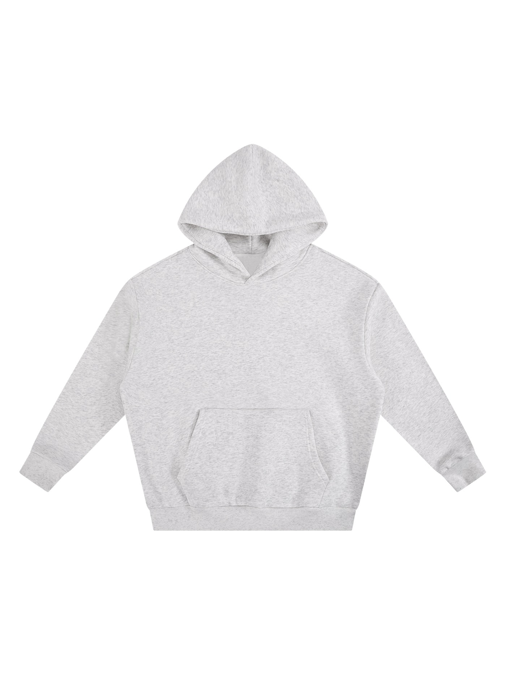Unisex heavyweight boxy fleece hoodie in Oat Gray, front view on white. Marcel Afters