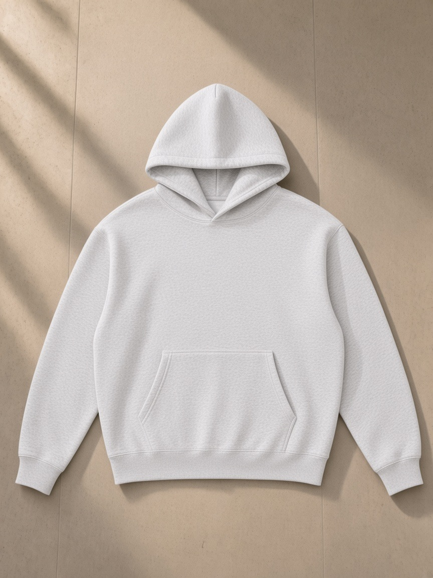 Essential Heavyweight Boxy Fleece Hoodie in Oat Gray, laid flat on pale limestone, front.