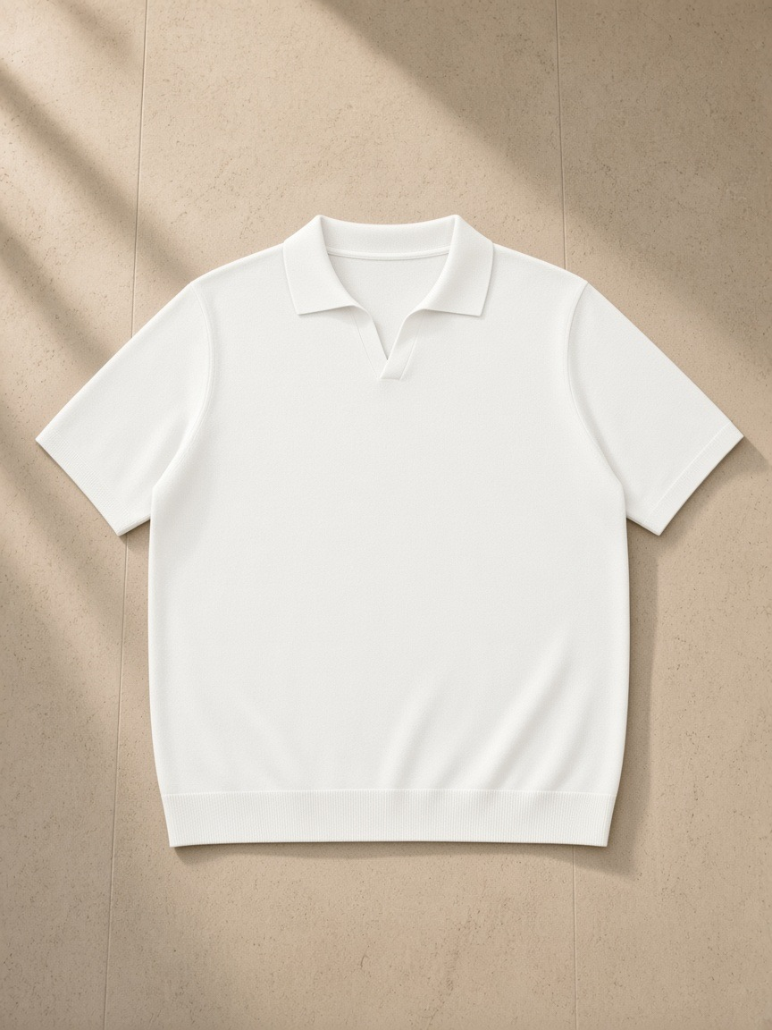 Unisex Heavyweight Oversized Polo Shirt in White, laid flat on pale limestone
