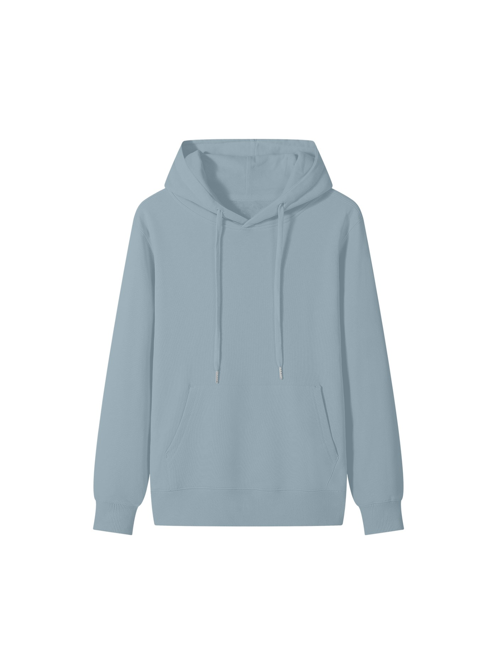 Unisex classic cotton hoodie in Haze Blue, front view on white. Marcel Afters