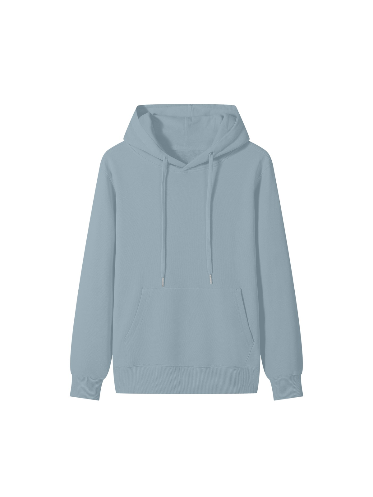 Unisex classic cotton hoodie in Haze Blue, front view on white. Marcel Afters