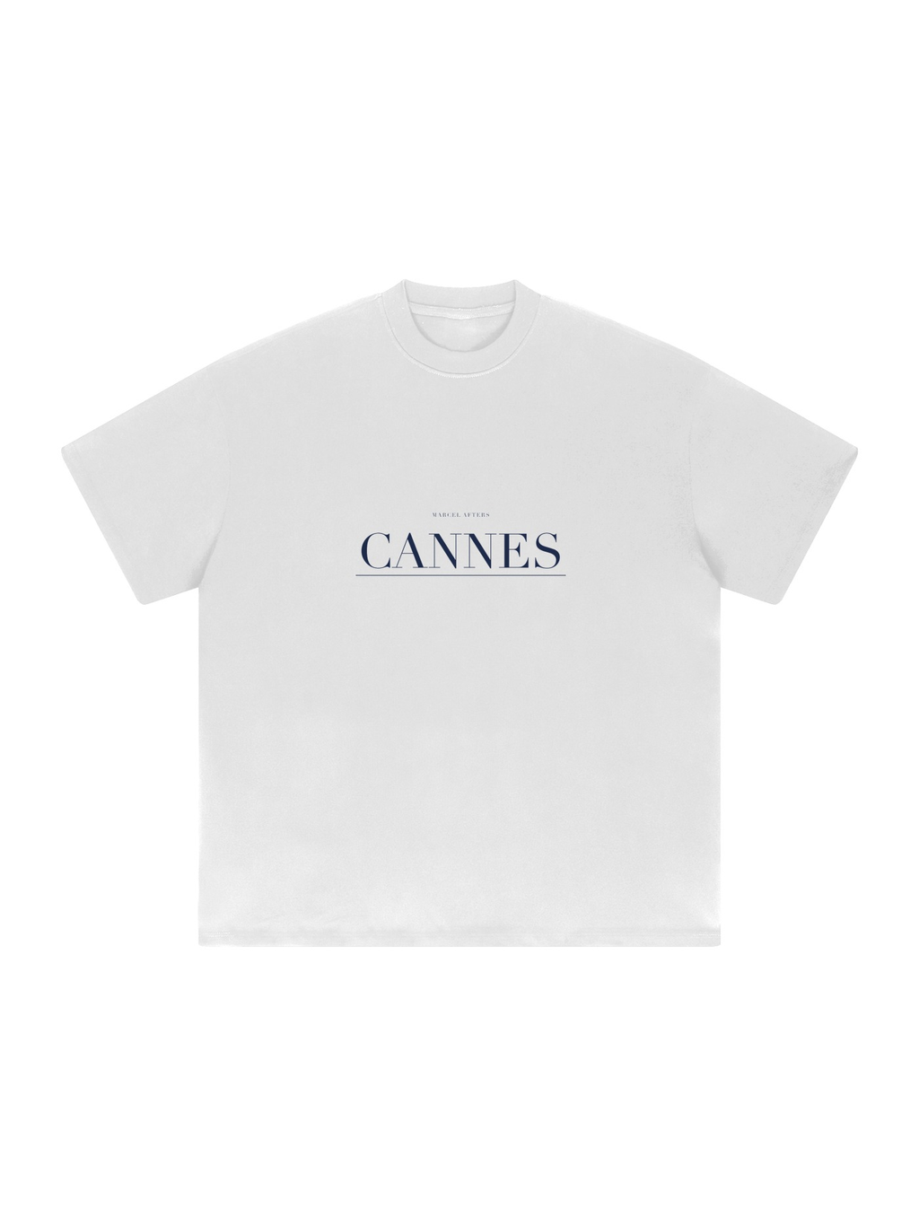 Cannes Heavyweight Drop Shoulder T-Shirt by Marcel Afters in White, front view with the printed artwork, on white