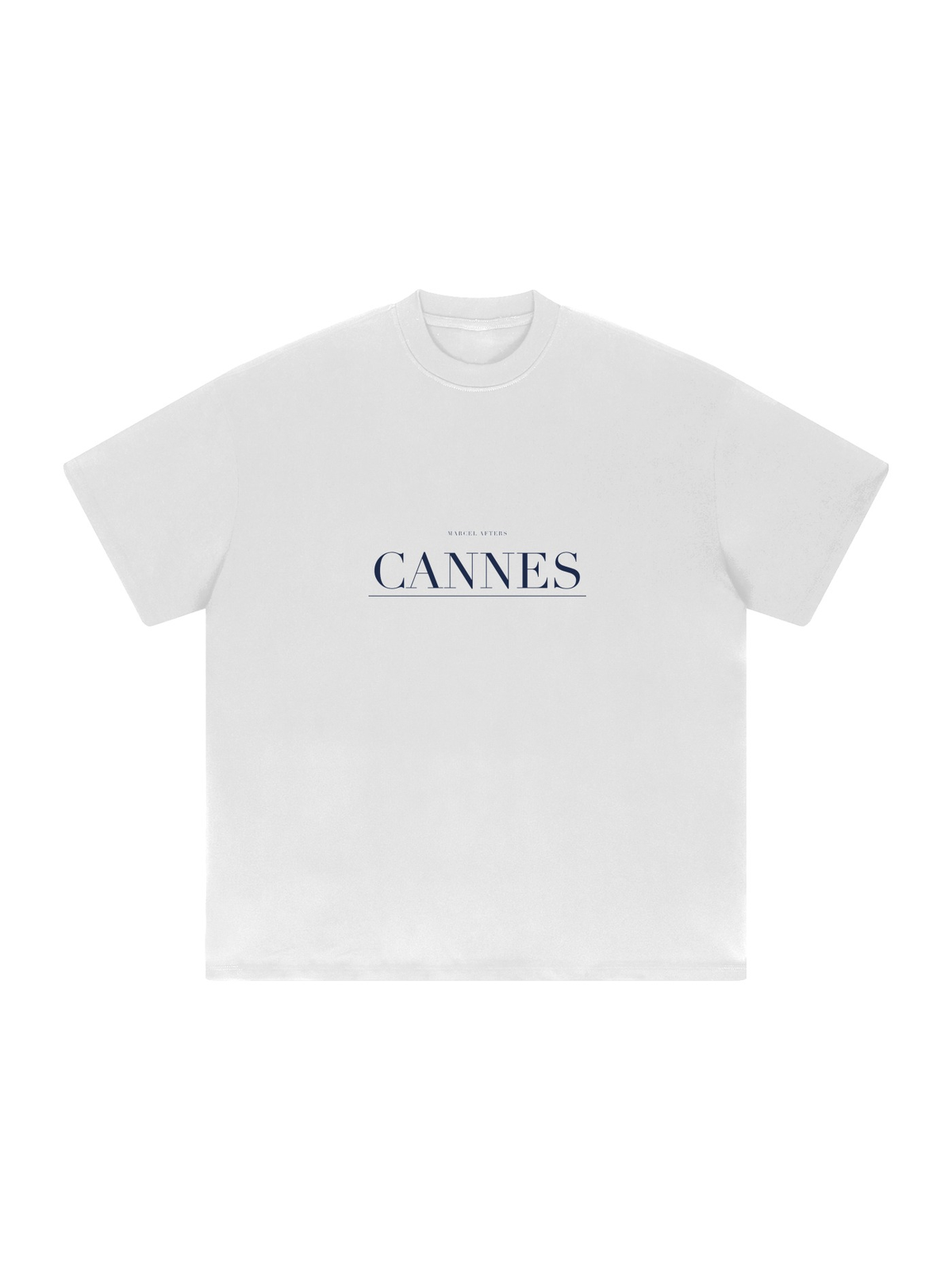 Cannes Heavyweight Drop Shoulder T-Shirt by Marcel Afters in White, front view with the printed artwork, on white