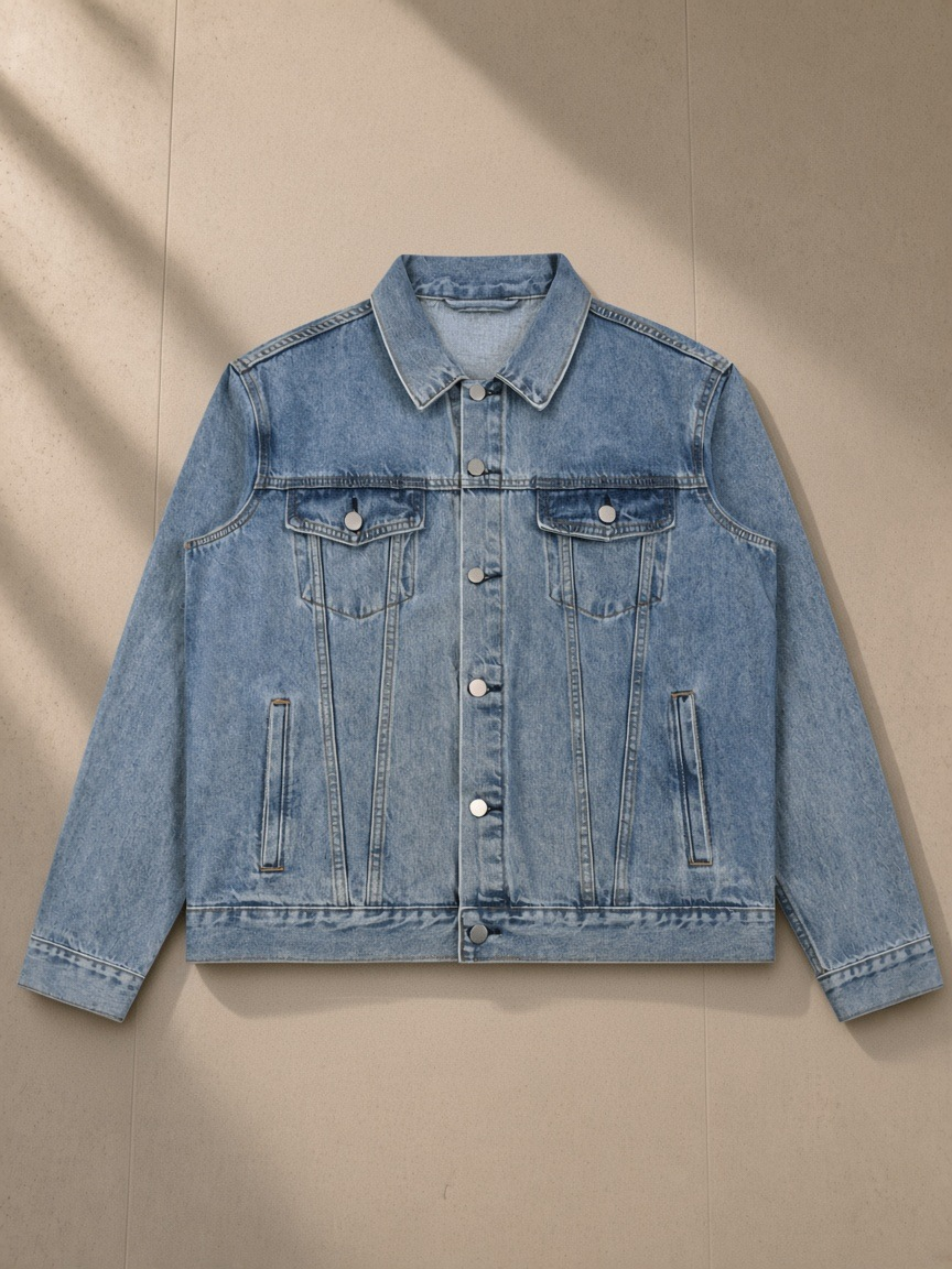 Vintage Wash Denim Jacket in Blue, laid flat on pale limestone