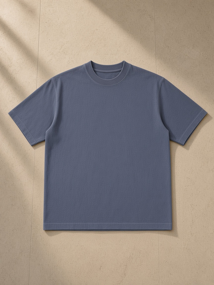 Unisex vintage wash drop shoulder t-shirt in Navy Blue, laid flat on pale limestone