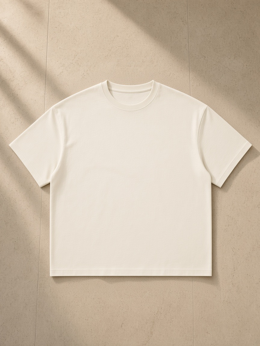 Unisex boxy Coolmax t-shirt in Light Apricot, laid flat on pale limestone