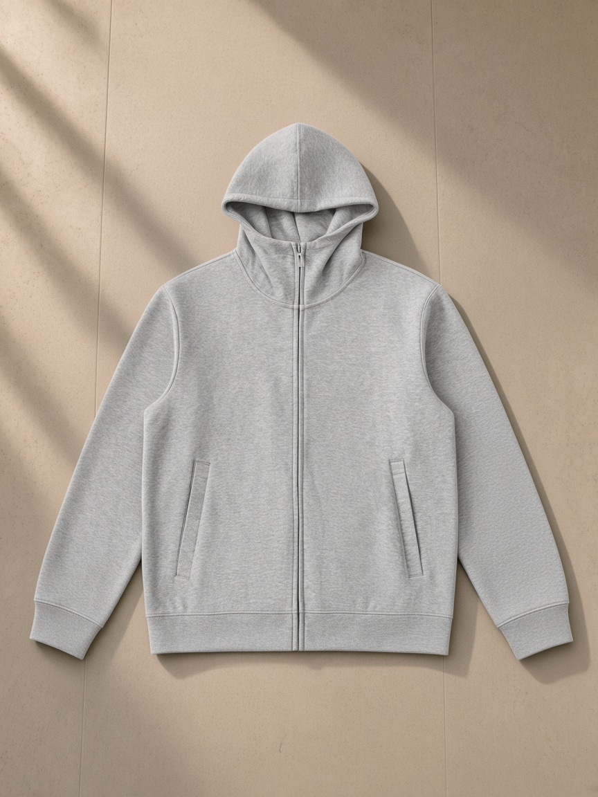 Front of the Flower Gray Men's Essential Heavyweight High Neck Zip-Up Hoodie, laid flat