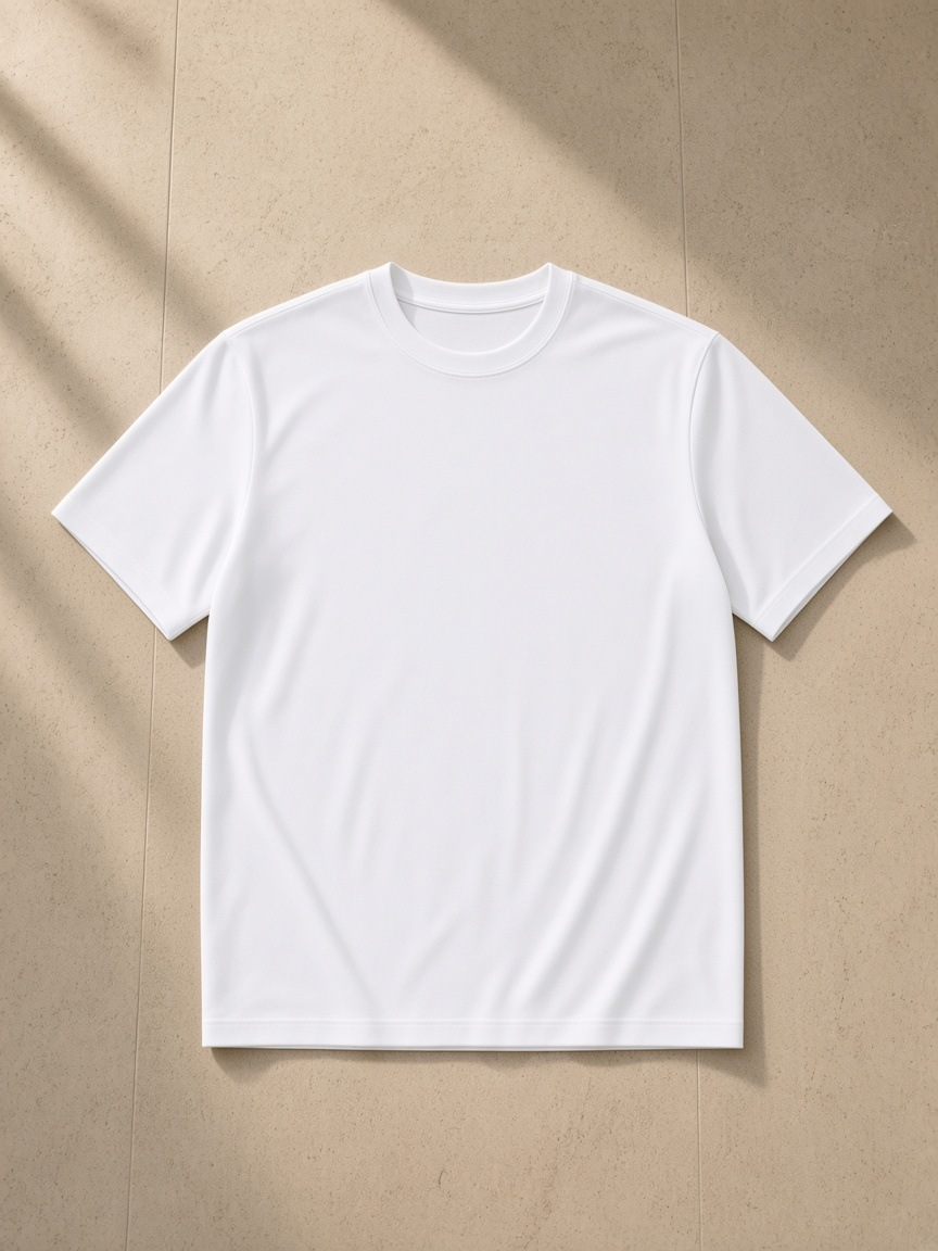 Performance Short Sleeve T-Shirt in White, laid flat on pale limestone