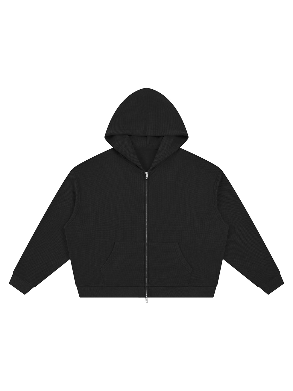 Unisex waffle boxy full zip hoodie in Black, front view on white. Marcel Afters