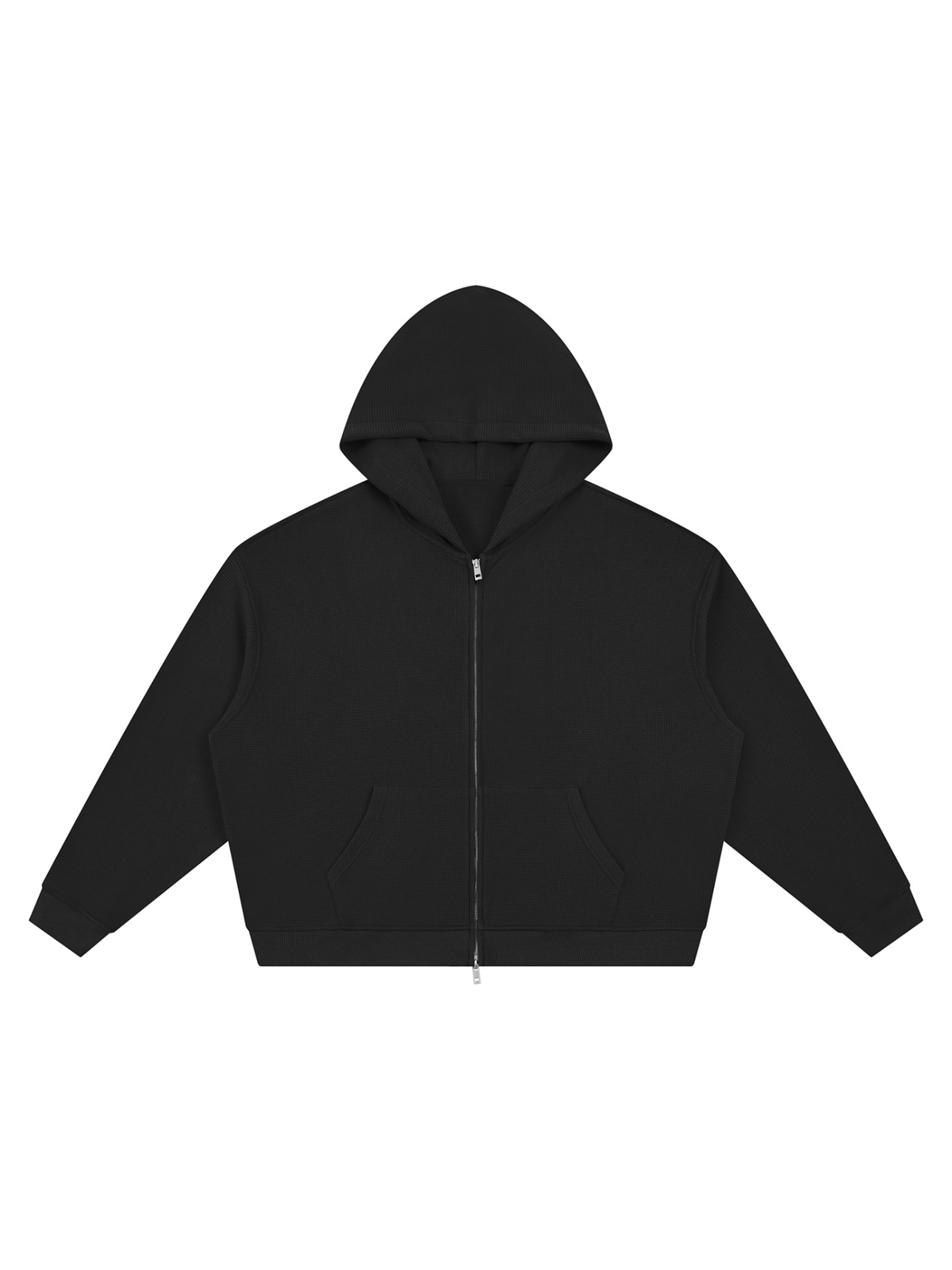 Unisex waffle boxy full zip hoodie in Black, front view on white. Marcel Afters
