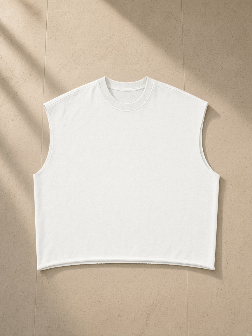 Men's French Terry Boxy Tank Top in White, laid flat on pale limestone