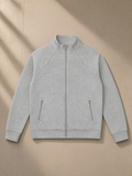 Zip-Pocket Stand Collar Jacket in Flower Gray, laid flat on pale limestone