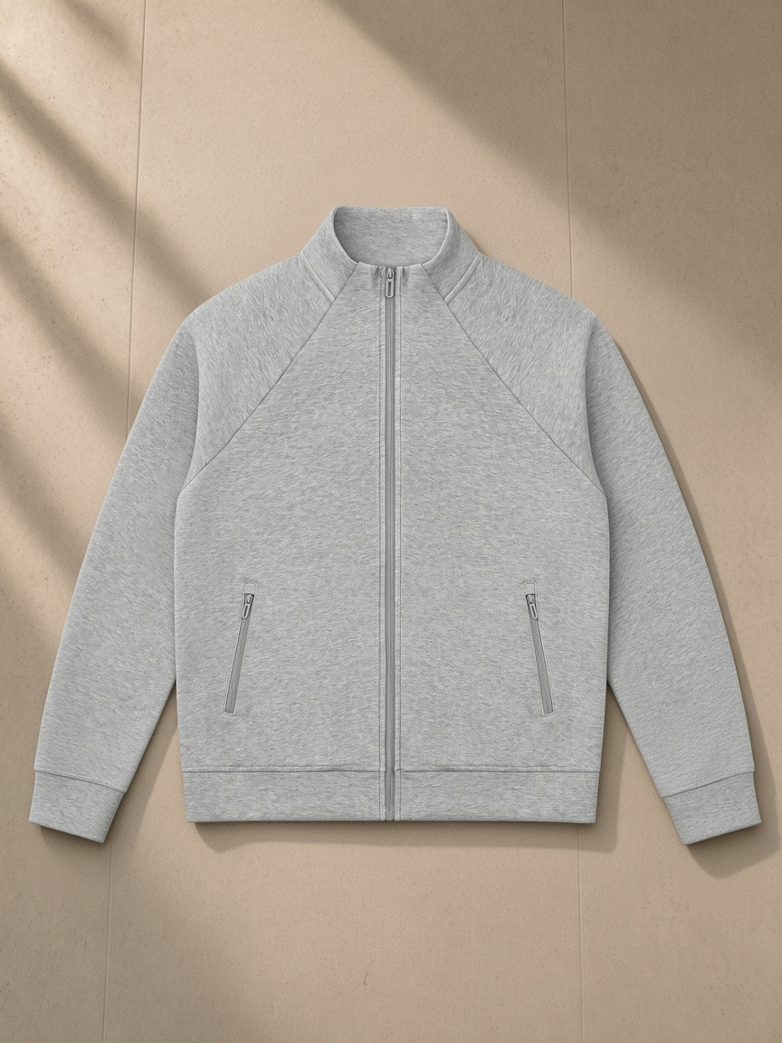 Zip-Pocket Stand Collar Jacket in Flower Gray, laid flat on pale limestone