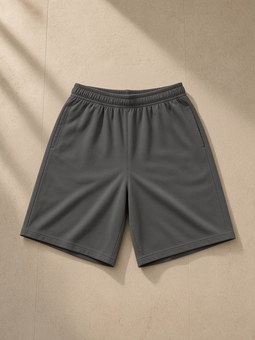 Unisex heavyweight cotton shorts in Dark Gray, laid flat on pale limestone
