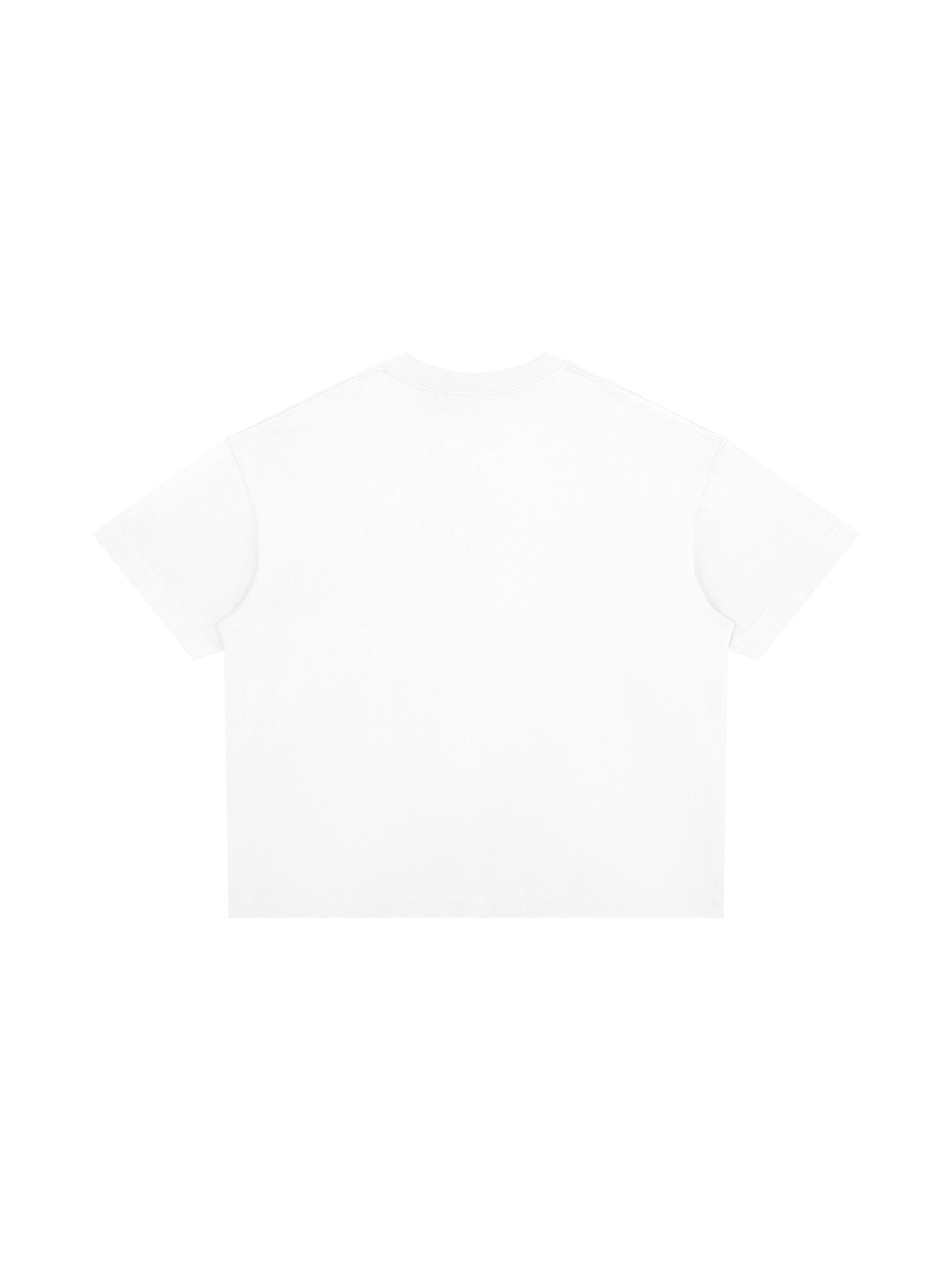 Unisex boxy drop shoulder t-shirt in White, back view on white. Marcel Afters