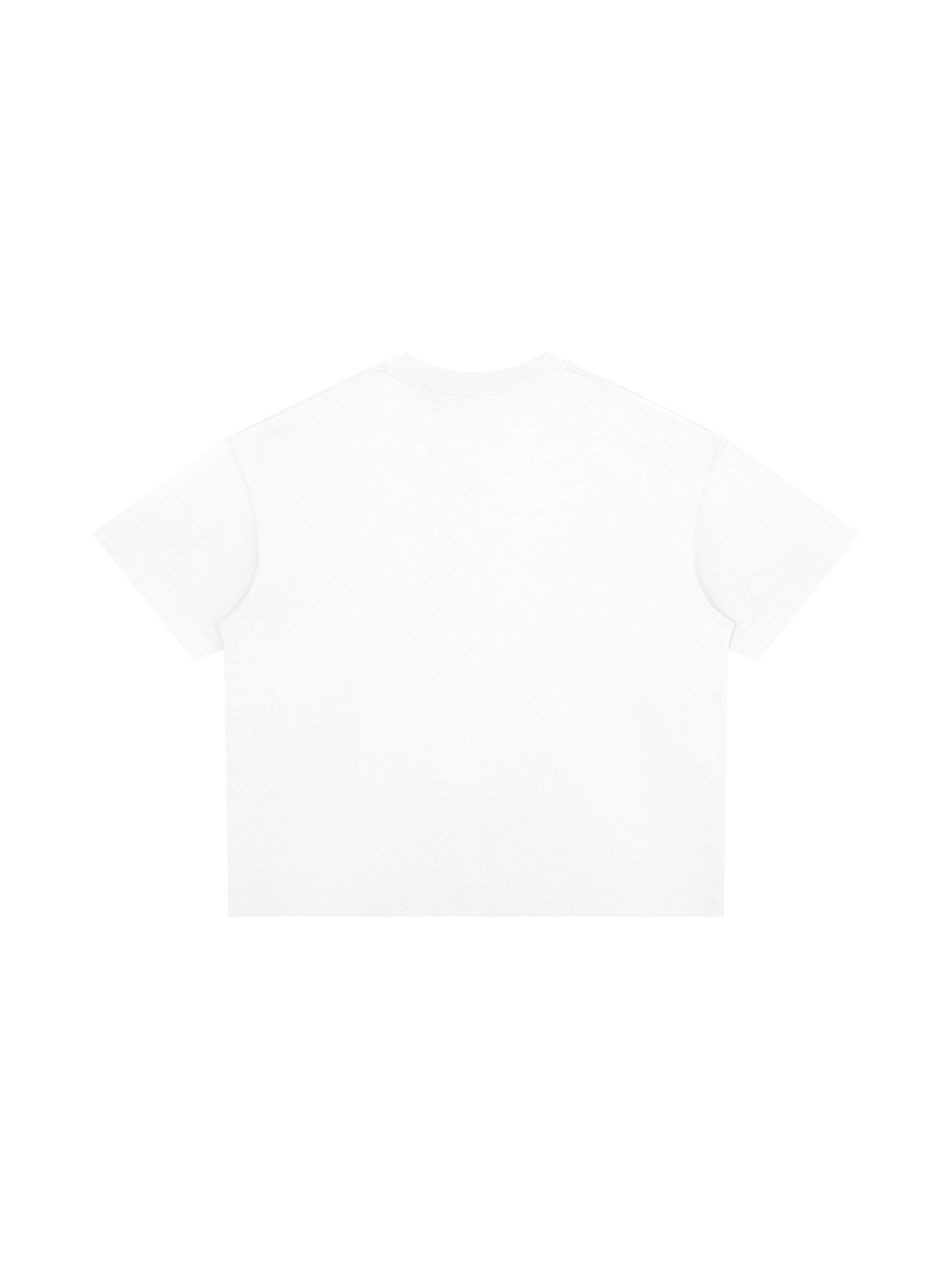 Unisex boxy drop shoulder t-shirt in White, back view on white. Marcel Afters