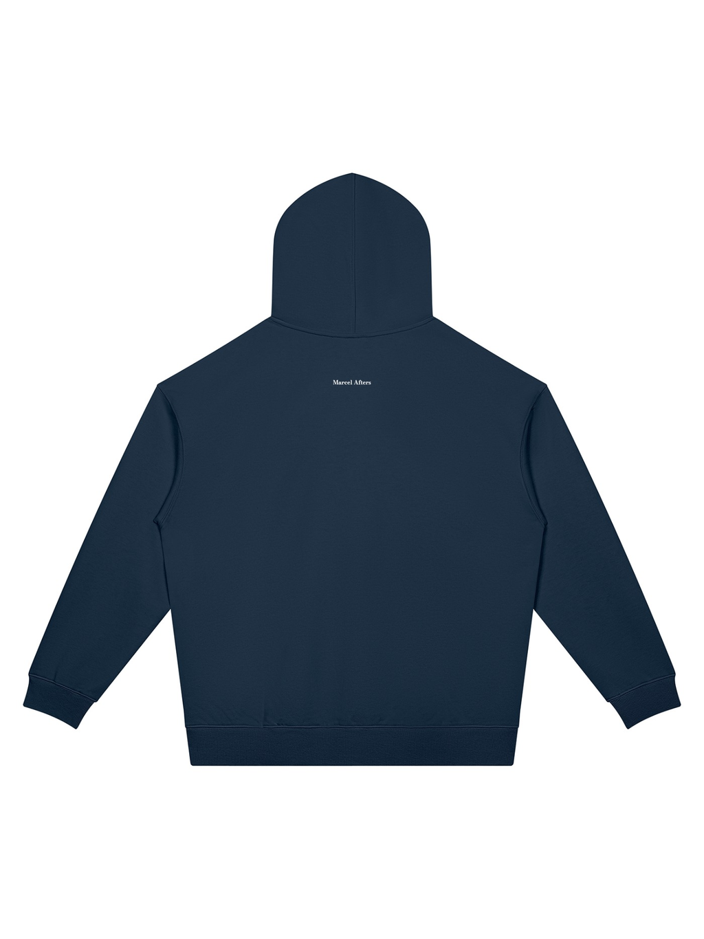 Unisex oversized drop shoulder hoodie in Navy Blue, back view on white. Marcel Afters