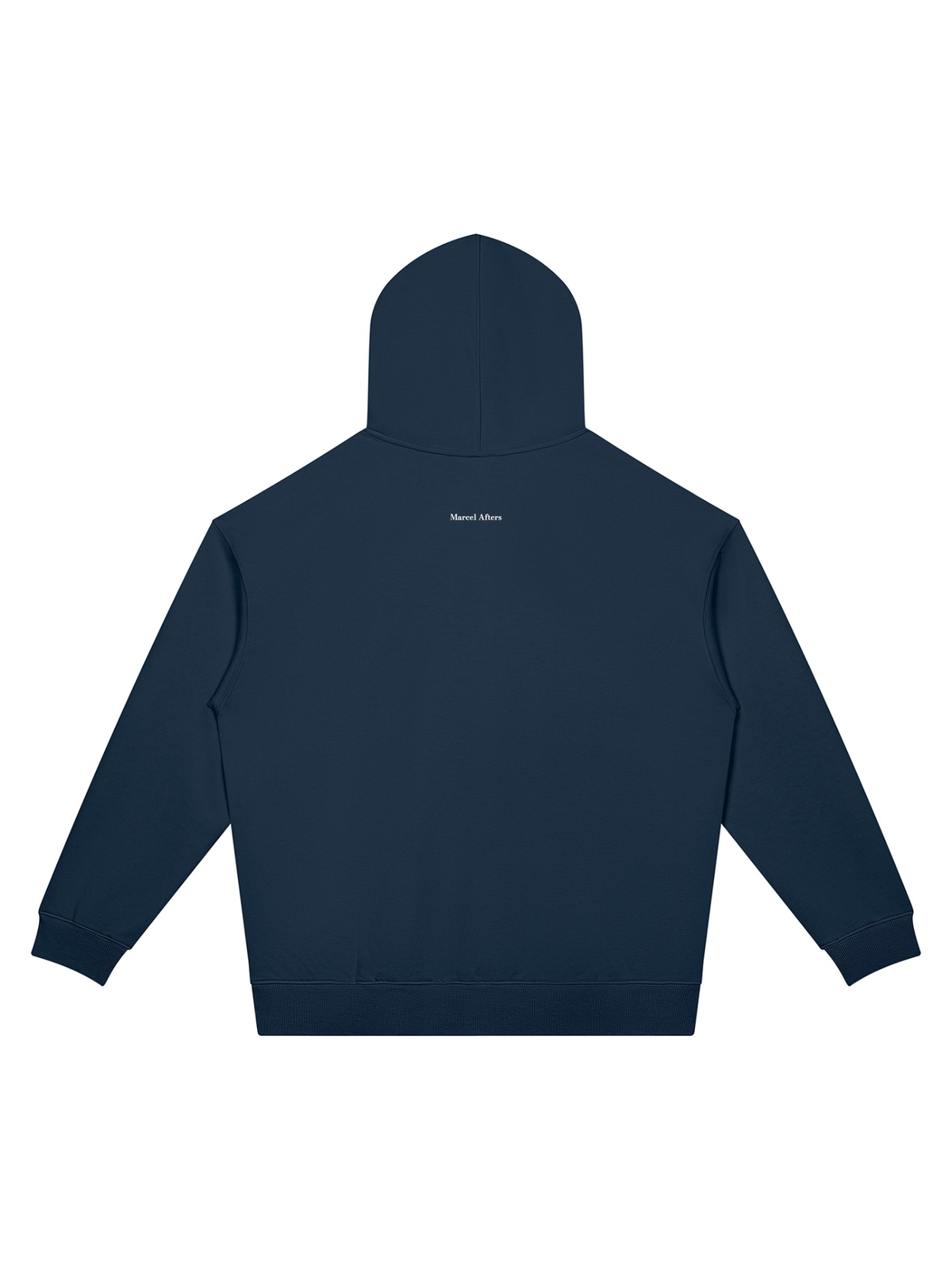 Unisex oversized drop shoulder hoodie in Navy Blue, back view on white. Marcel Afters