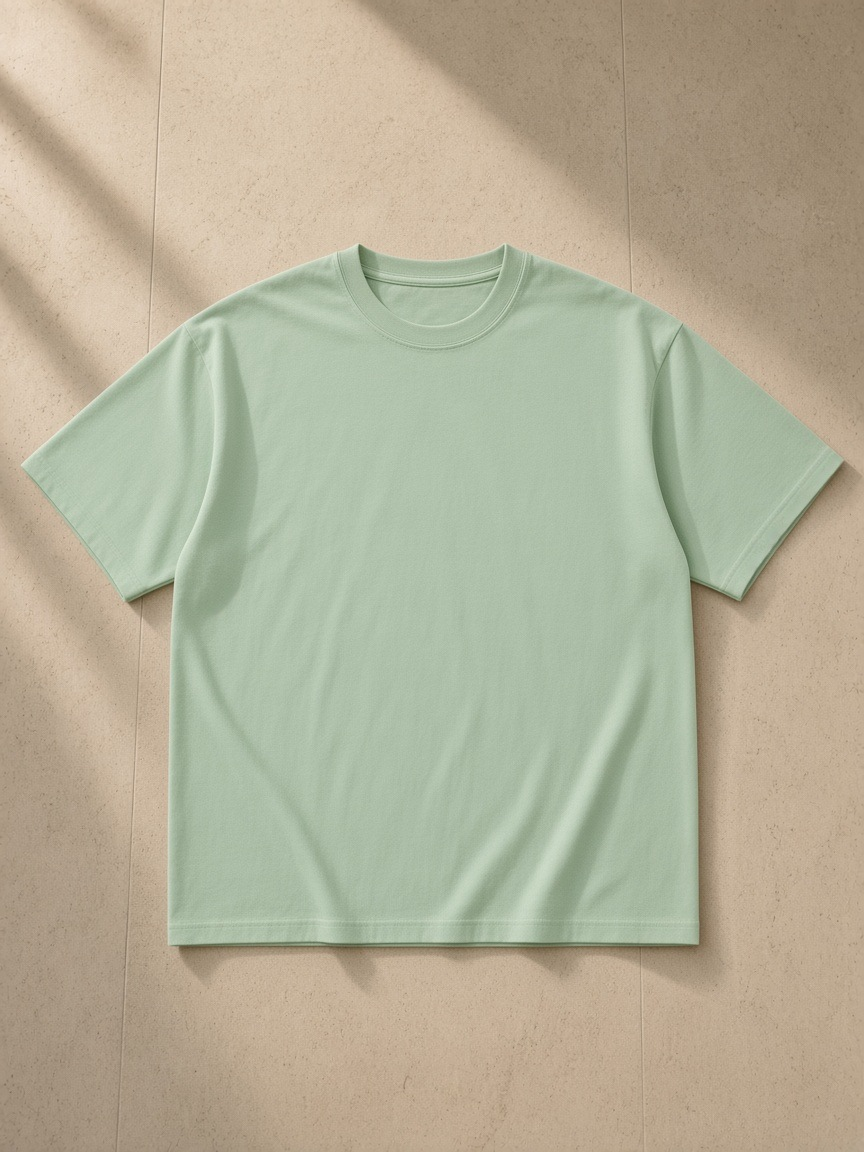 Unisex pure cotton t-shirt in Light Green, laid flat on pale limestone